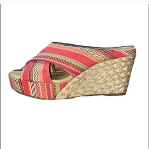 Chinese Laundry Drama Peep Toe 4" Heel Crossover Strap Wedge Size 8